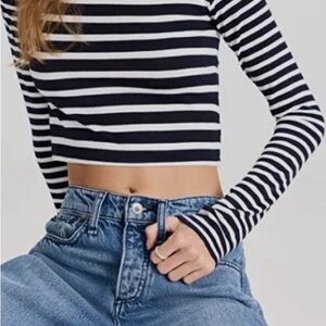Rag & Bone The Knit Navy White Stripe Cropped Turtleneck Sweater Long Sleeve Top